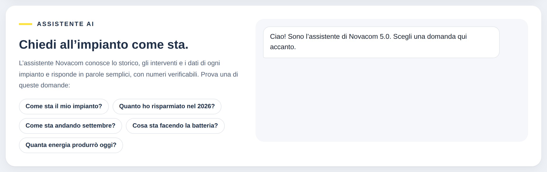 Assistente AI di MyNovaSun che risponde alle domande sull’impianto