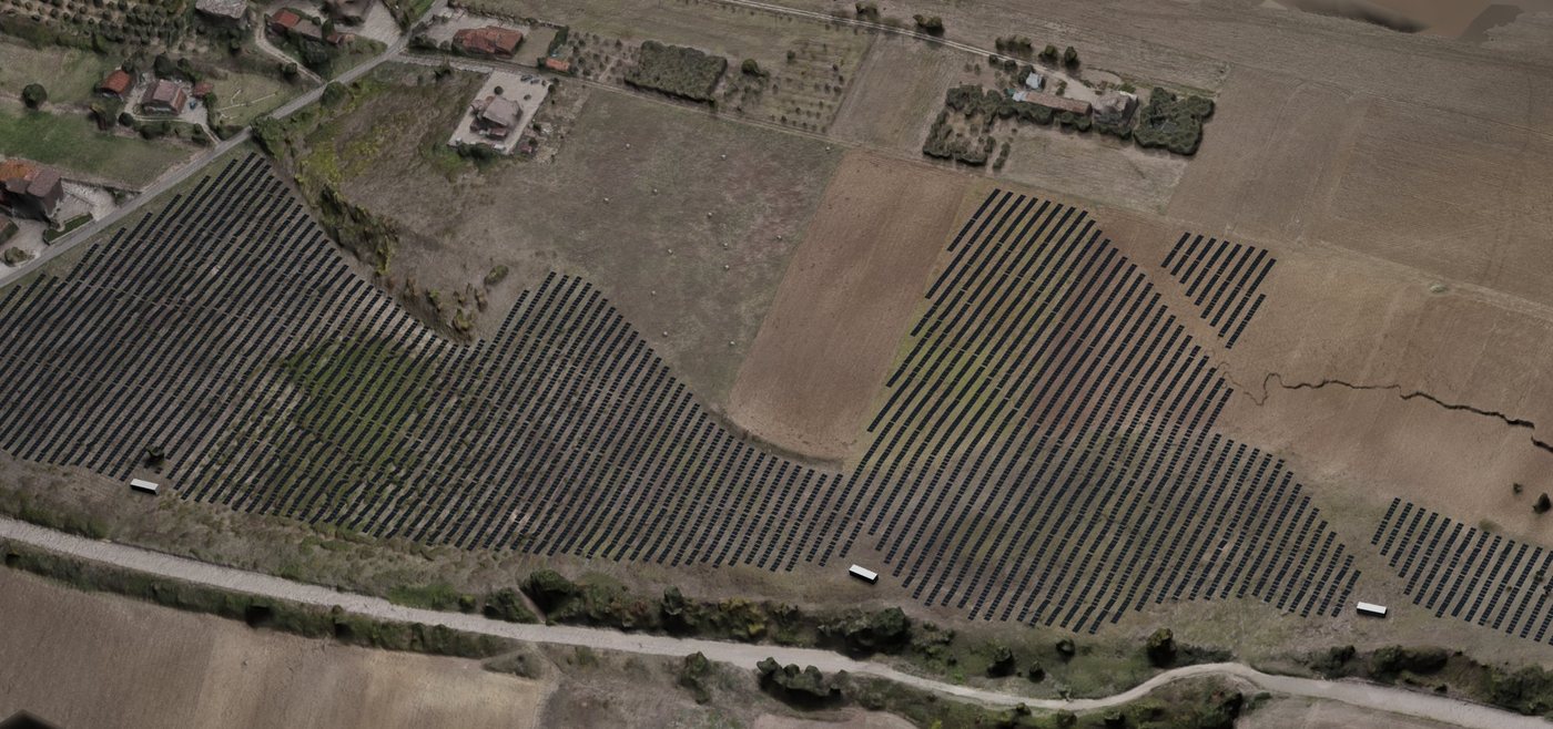 Ortofoto 3D di un sito con impianto fotovoltaico a terra