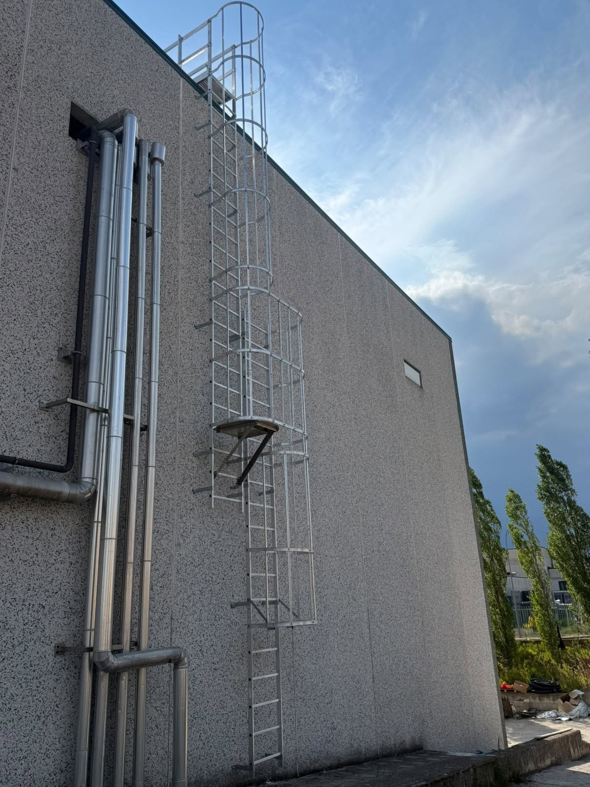 Scala di sicurezza con gabbia di protezione sulla parete di un edificio